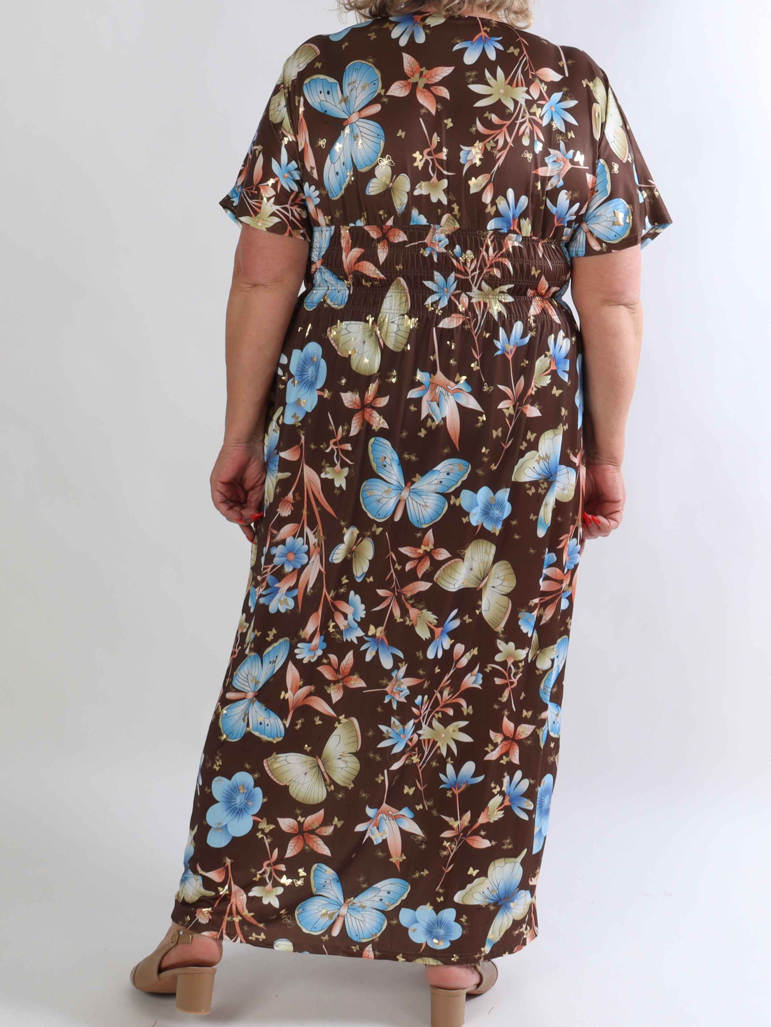 Pams Fairytale - Lang plus size kjole i fint blomster- og sommerfugleprint